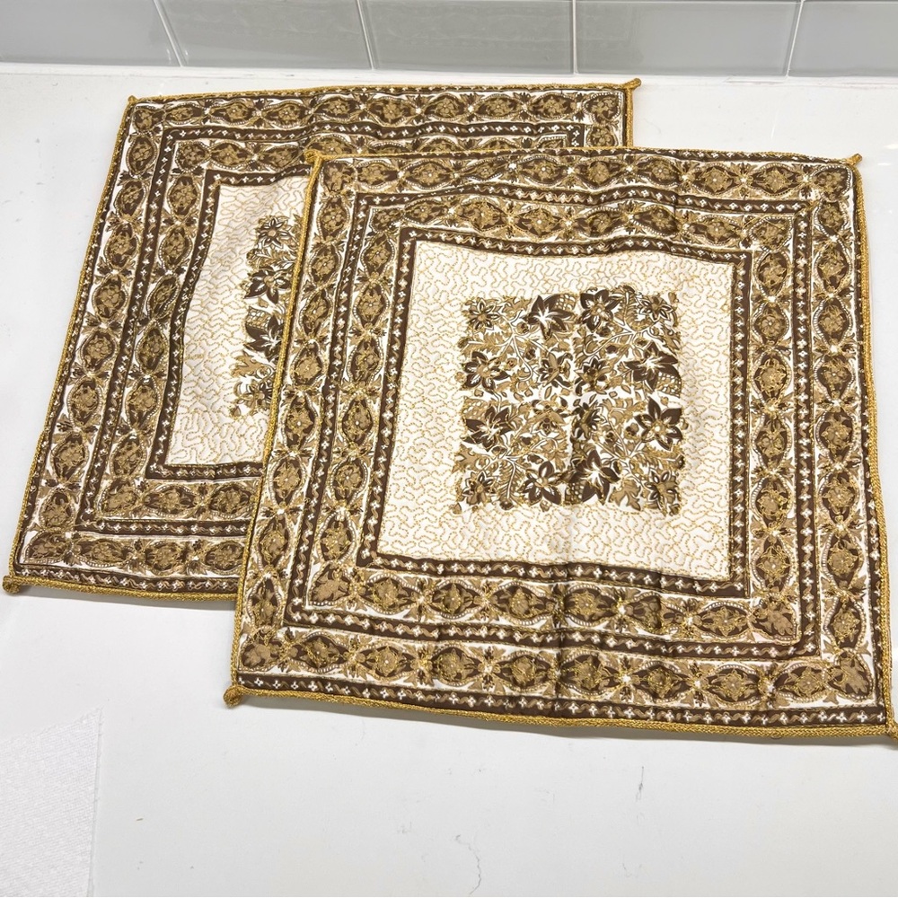 Hollywood Regency Style Boho Metallic Gold Stitching Accent Quilted Pillowcases